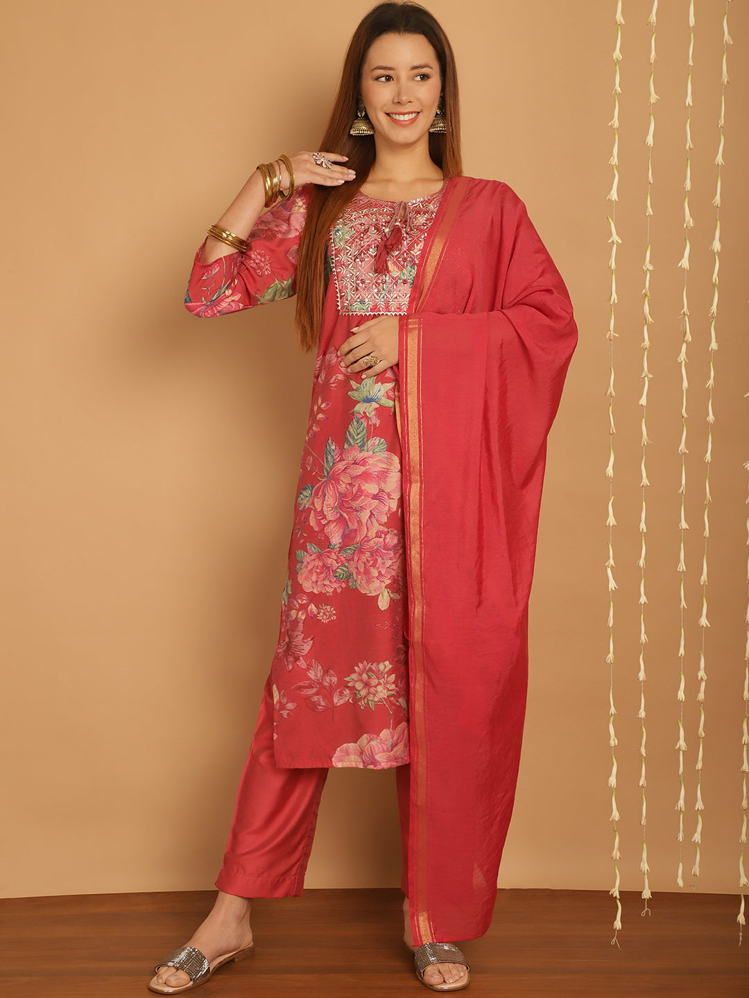 Aawari Women Chanderi Printed Three Piece Suit Sets