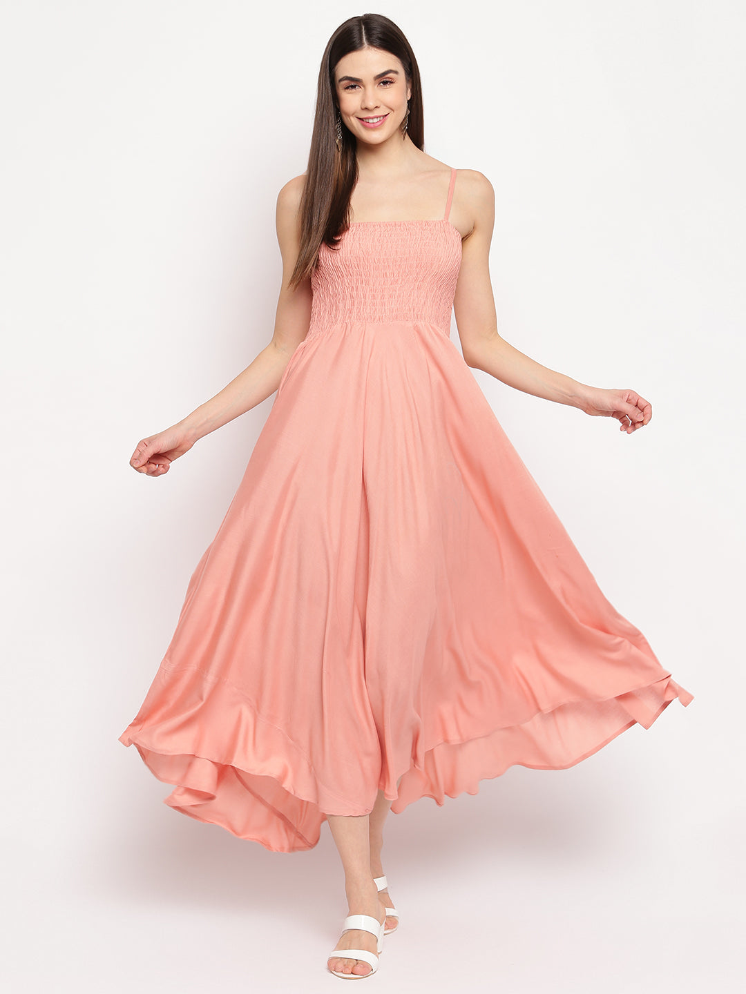 Peach Solid Smocked Flared Rayon Maxi Dress for Women -  Western Wear