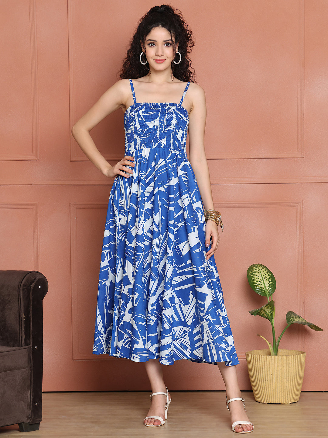 Aawari Cotton Unique Printed Spaghetti Strap Dress - Western Wear