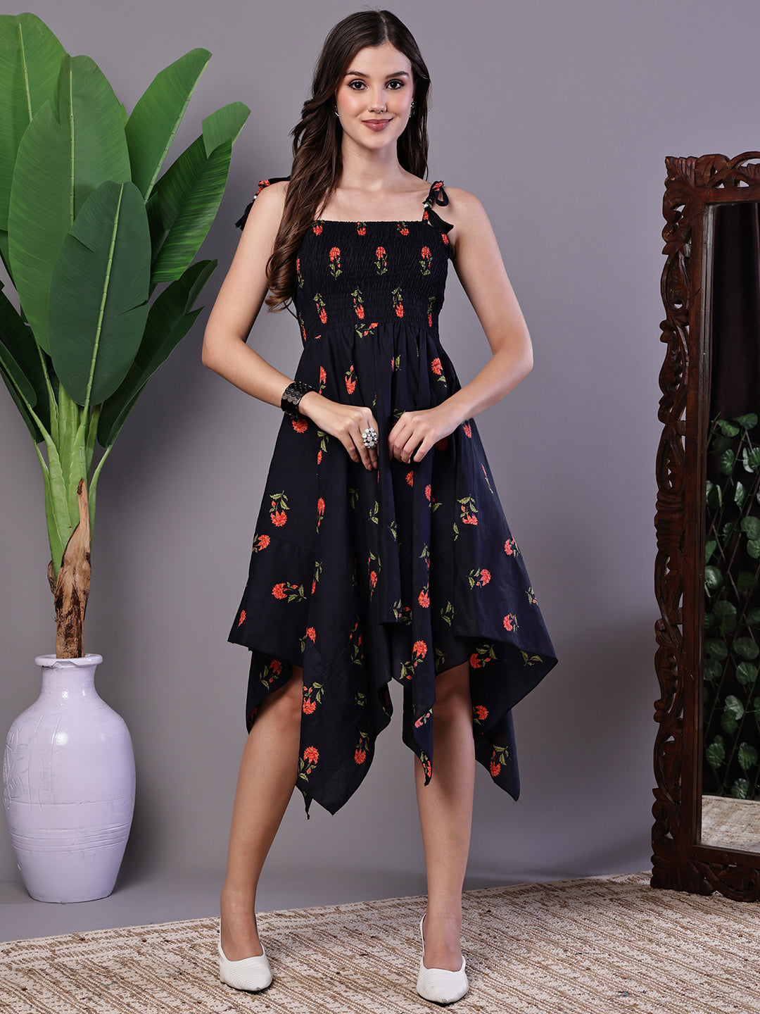 Aawari Navy Printed Smocked Asymmetrical Hem A-Line Dress - Midi Dresses / Western Wear
