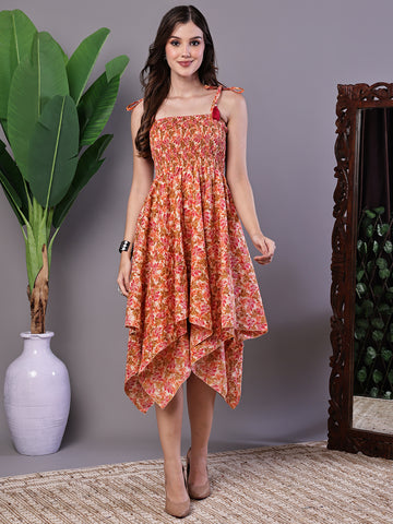 Aawari Peach Floral Handkerchief Hem Cotton Dress - Midi Dresses / Western Wear