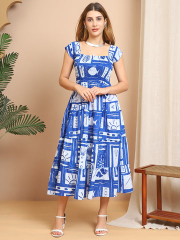 Aawari Oceanic Blue Abstract Printed Cotton Midi Dresses