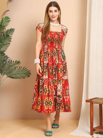Aawari Rust Orange Ikat Cotton Midi Dresses for Women