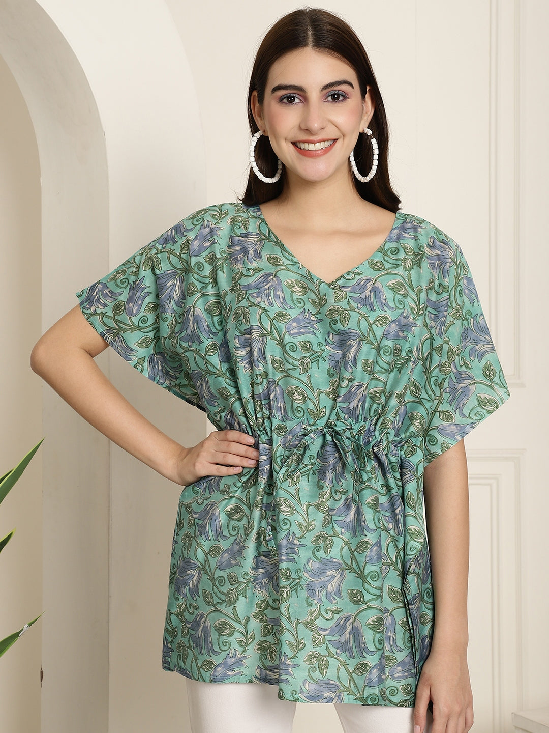 Aawari Mint Green Floral Printed Chanderi Short Kaftaan Top
