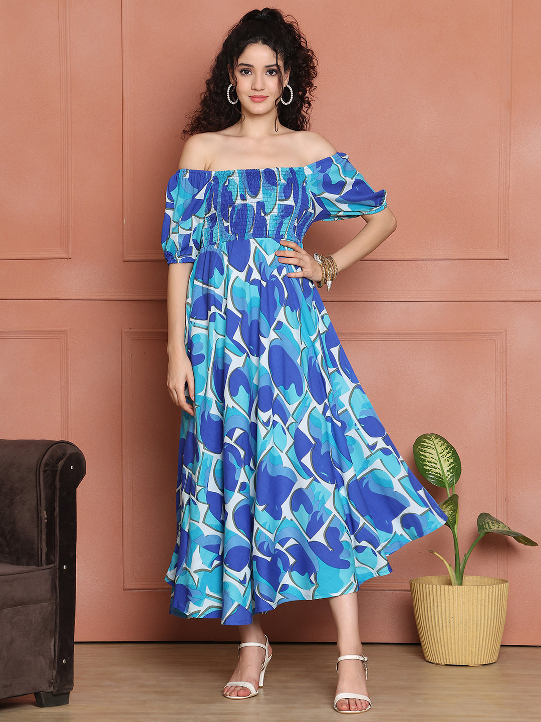 Aawari Ocean Blue Rayon Printed Off Shoulder Dresses / Maxi Dresses / Western Wear