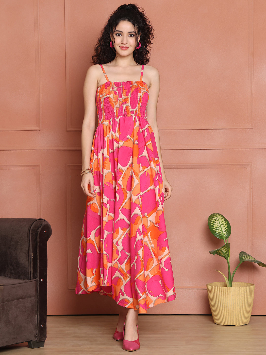 Aawari Rayon Printed Unique Spaghetti Strap Dress - Western Wear