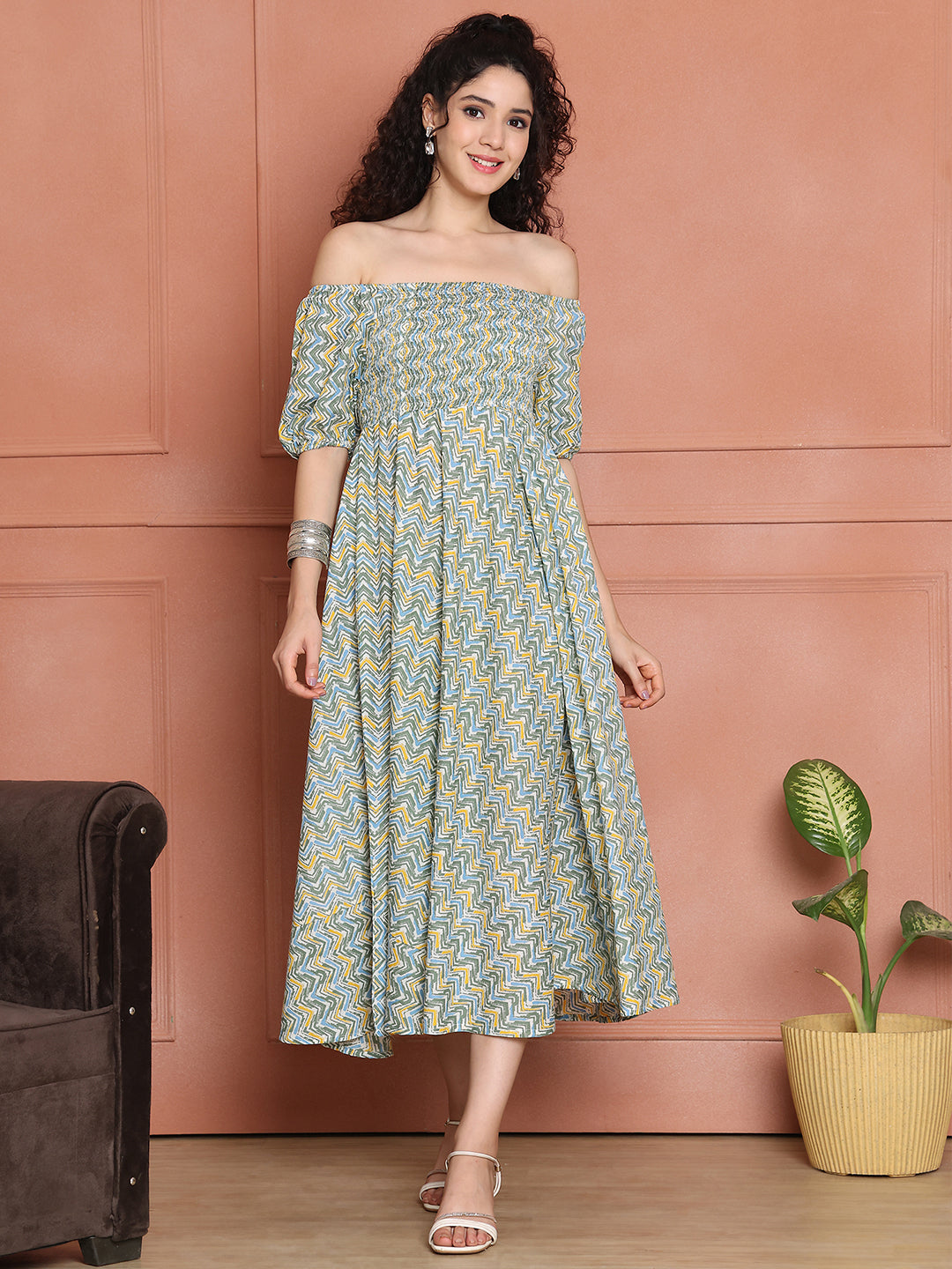 Aawari Unique Cotton Printed Off Shoulder Dresses / Maxi Dresses / Western Wear