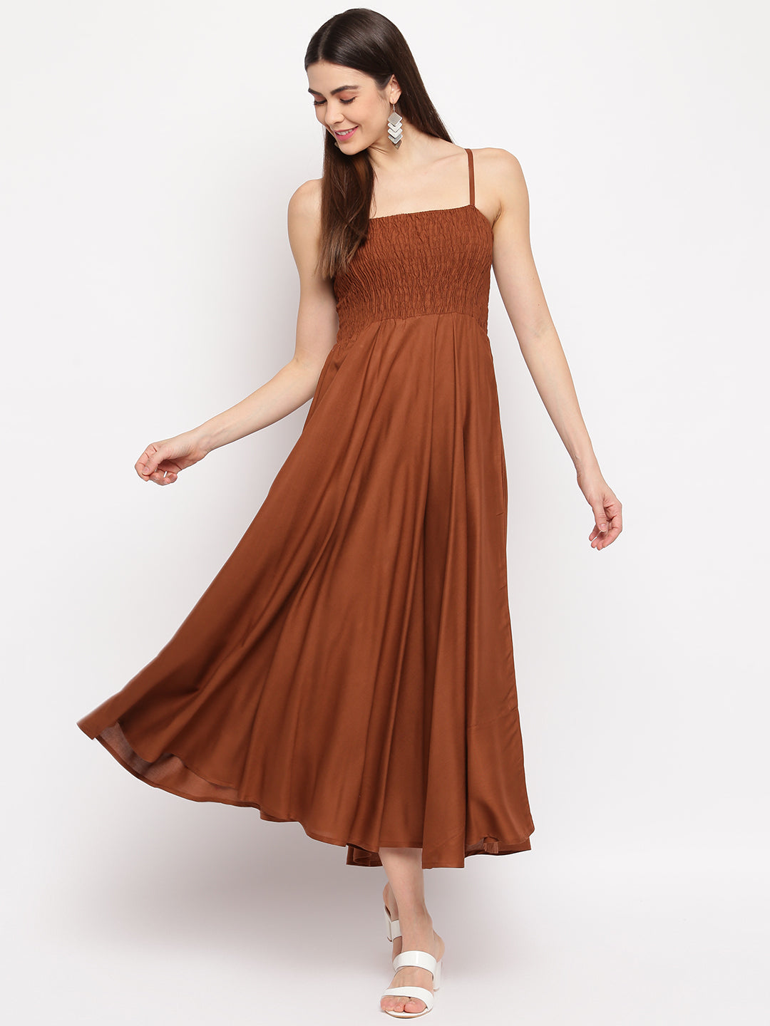 Rust Brown Solid Rayon Flared Maxi Dress with Spaghetti Straps - Western Wear