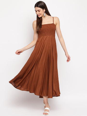 Rust Brown Solid Rayon Flared Maxi Dress with Spaghetti Straps - Western Wear
