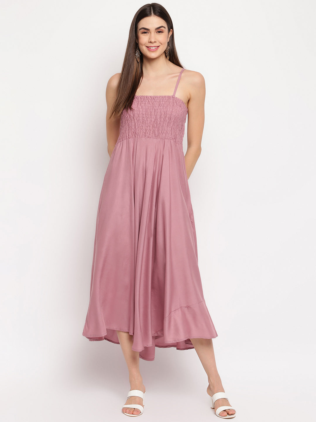 Dusty Rose Smocked Flared Maxi Dress for Women - Western Wear