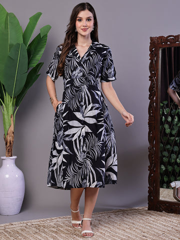 Aawari Tropical Palm Print Black & White Cotton Shirt Dress - Midi Dresses / Western Wear / Dresses
