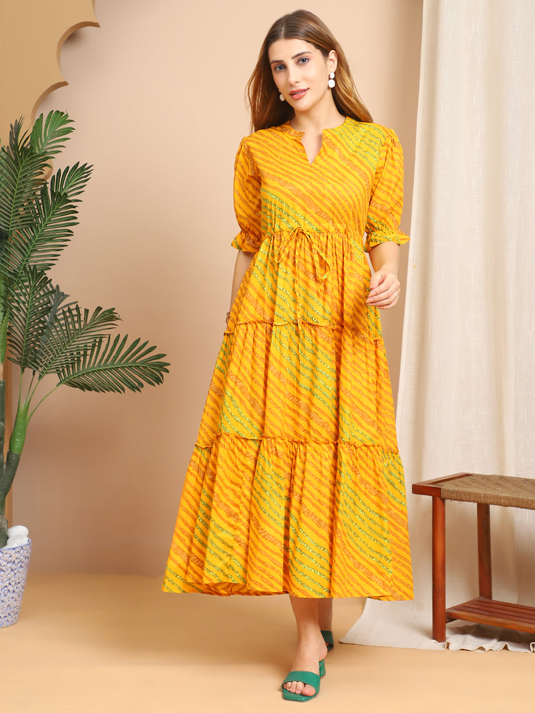 Aawari Yellow Green Striped Cotton Tiered Maxi Dress Dresses Max