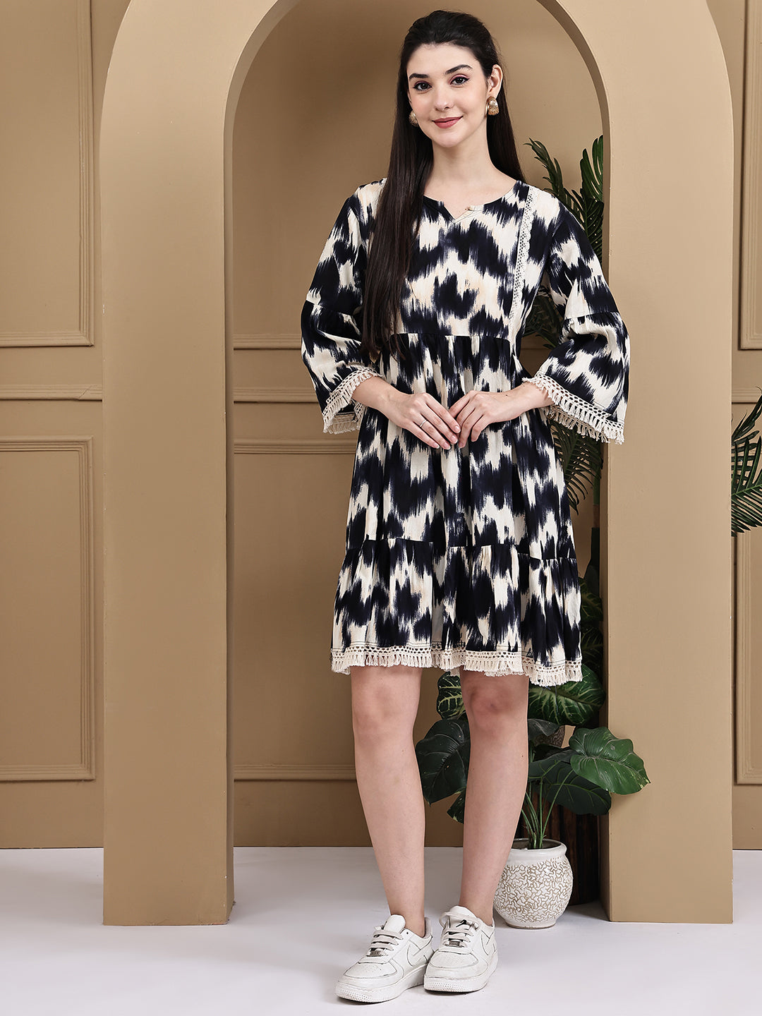 Aawari Cotton Printed Black & White Short Dress - Midi Dresses / Western Wear