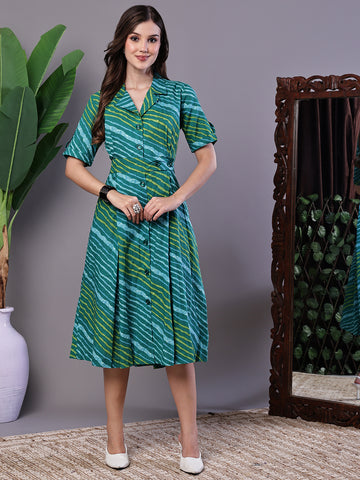 Aawari Teal Green Striped Cotton Midi Shirt Dress - Midi Dresses / Western Wear / Dresses