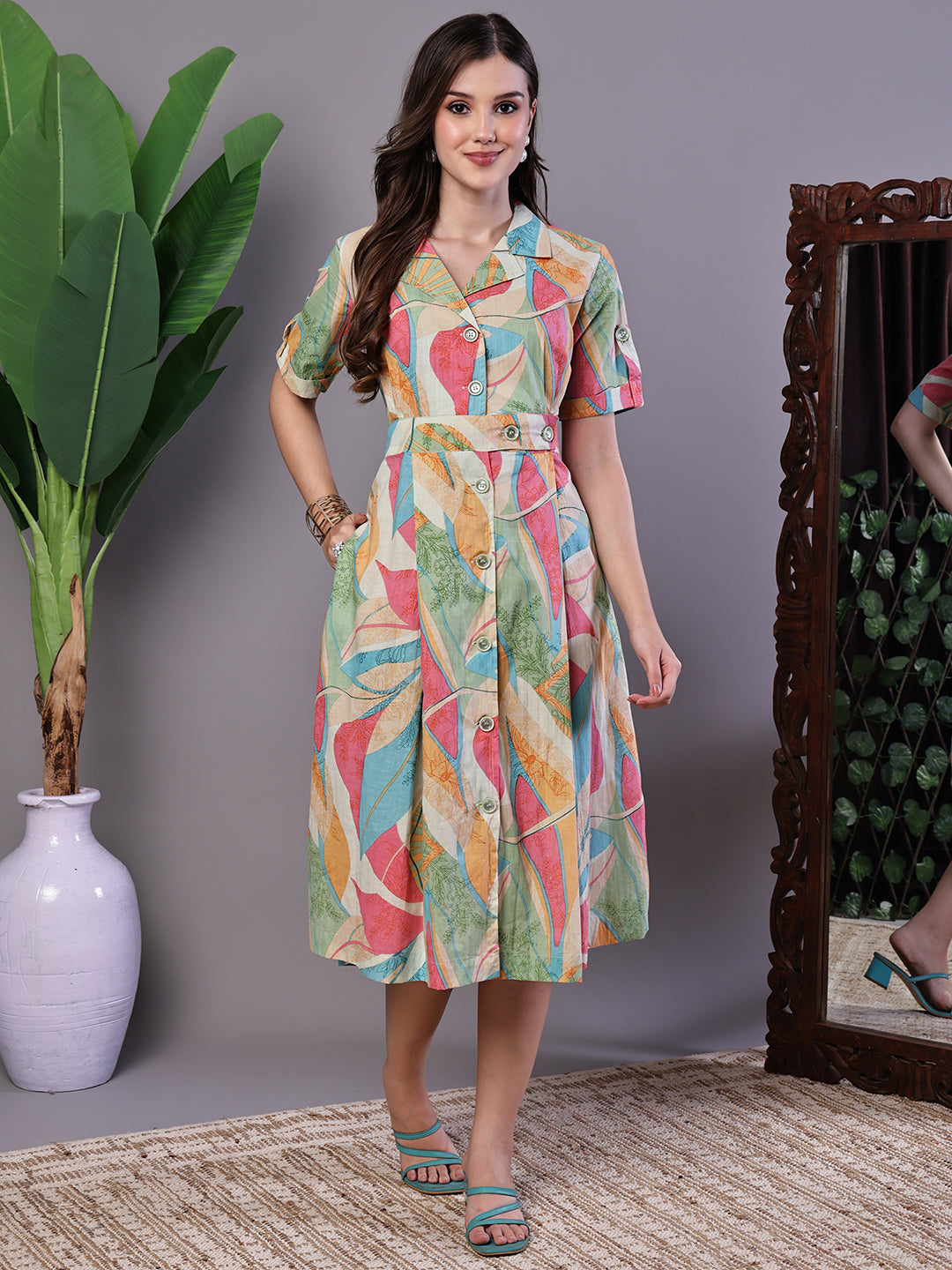 Aawari Pastel Abstract Print Button-Down Cotton Midi Dress - Midi Dresses / Western Wear / Dresses