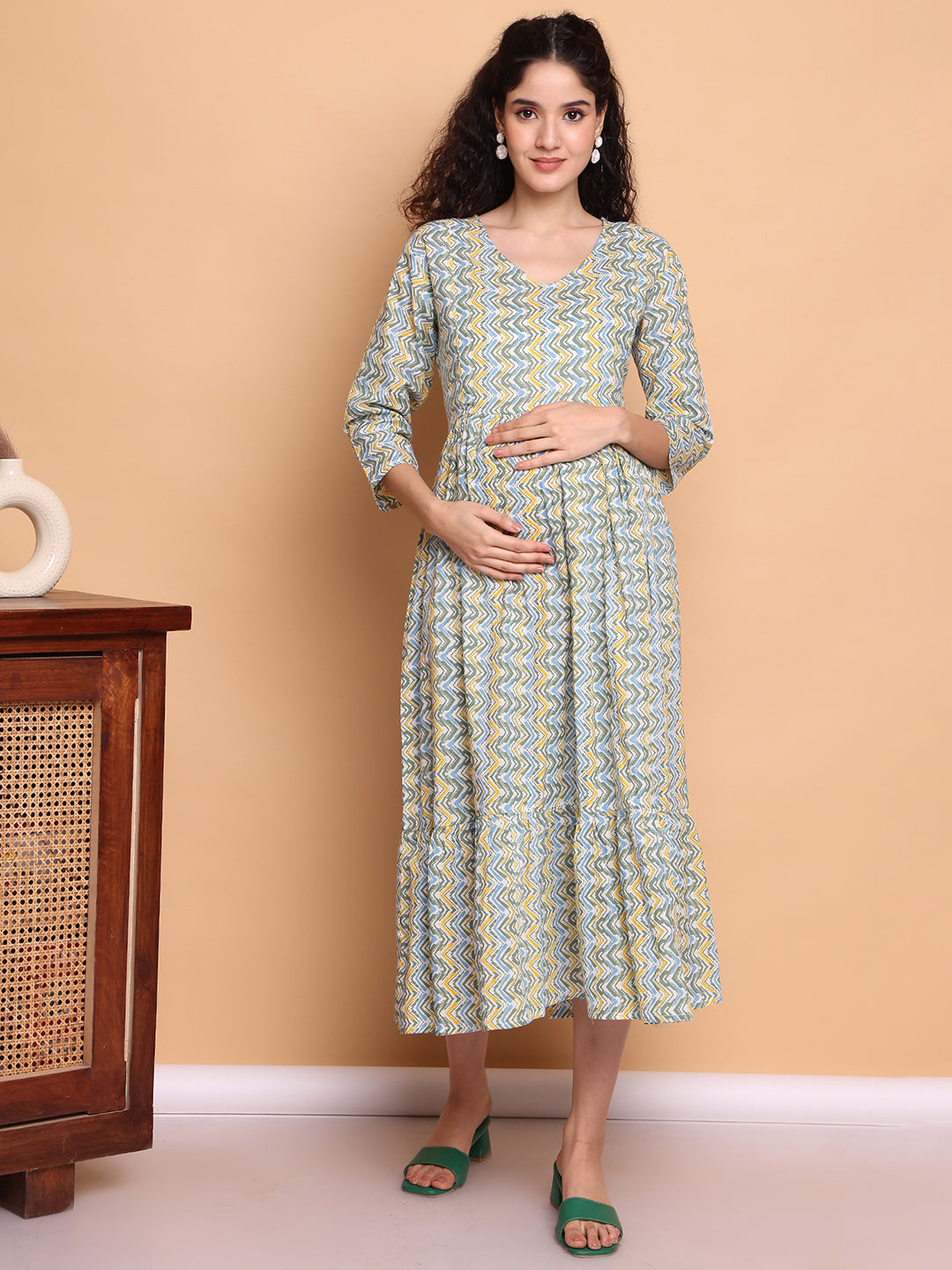 Aawari ZigZag Print Cotton Maternity Dresses with 3/4 Sleeves