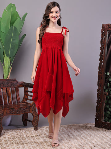 Aawari Red Junglee Pattern Velvet Handkerchief Hem Dress - Midi Dresses / Western Wear