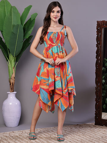 Aawari Multicolor Printed Cotton Handkerchief Hem Dress - Midi Dresses / Western Wear