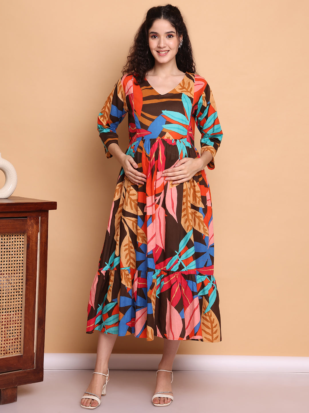 Aawari Brown Multicolor Leaf Print Cotton Maternity Dresses with 3/4 Sleeves
