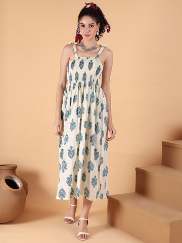 Aawari Elegant Cream & Blue Printed Printed Cotton Bobbin Gown with Tie-Up Straps for Women - Western wear