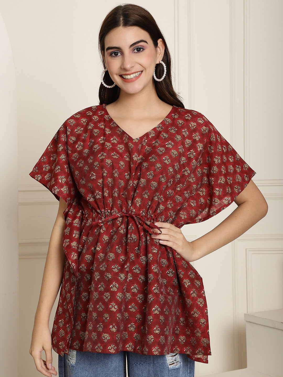 Aawari Maroon Handblock Printed Chanderi Short Kaftaan Top with Drawstring