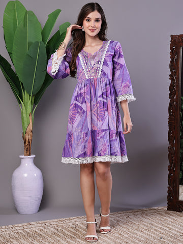 Aawari Purple Floral Cotton A-Line Dress with Lace Detailing - Midi Dresses / Western Wear