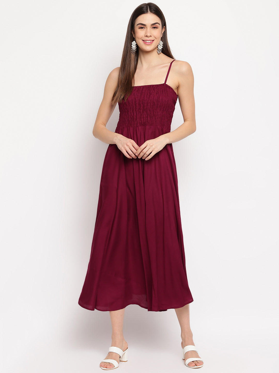 Aawari Fit & Flare Solid Bobbin Dress ( WINE ) - Western Wear