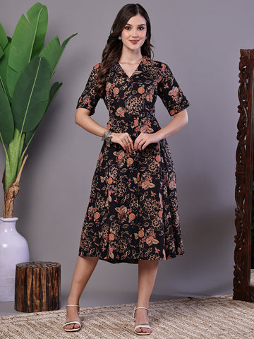Aawari Chic Black & Rust Floral Print Button-Front Midi Dress - Midi Dresses / Western Wear / Dresses
