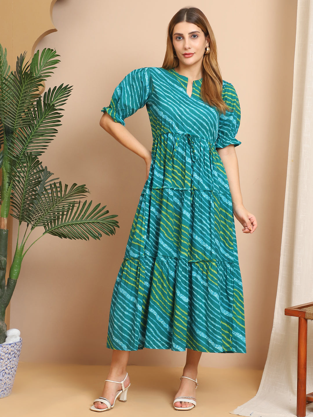 Aawari Teal & Green Striped Cotton Tiered Maxi Dress - Dresses / Western Wear / Maxi Dresses