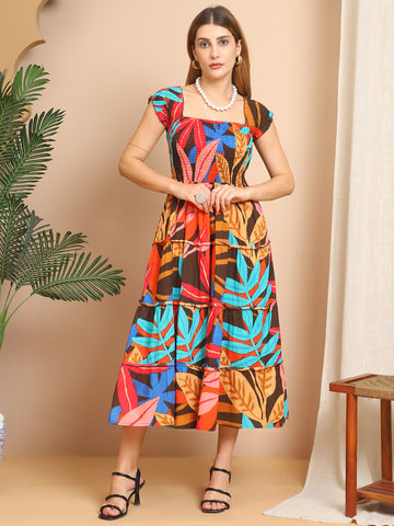 Aawari Tropical Leaf Print Cotton Flared Midi Dresses