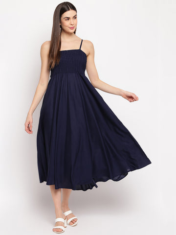 Navy Blue Solid Smocked Rayon Maxi Dress for Women - Western Wear