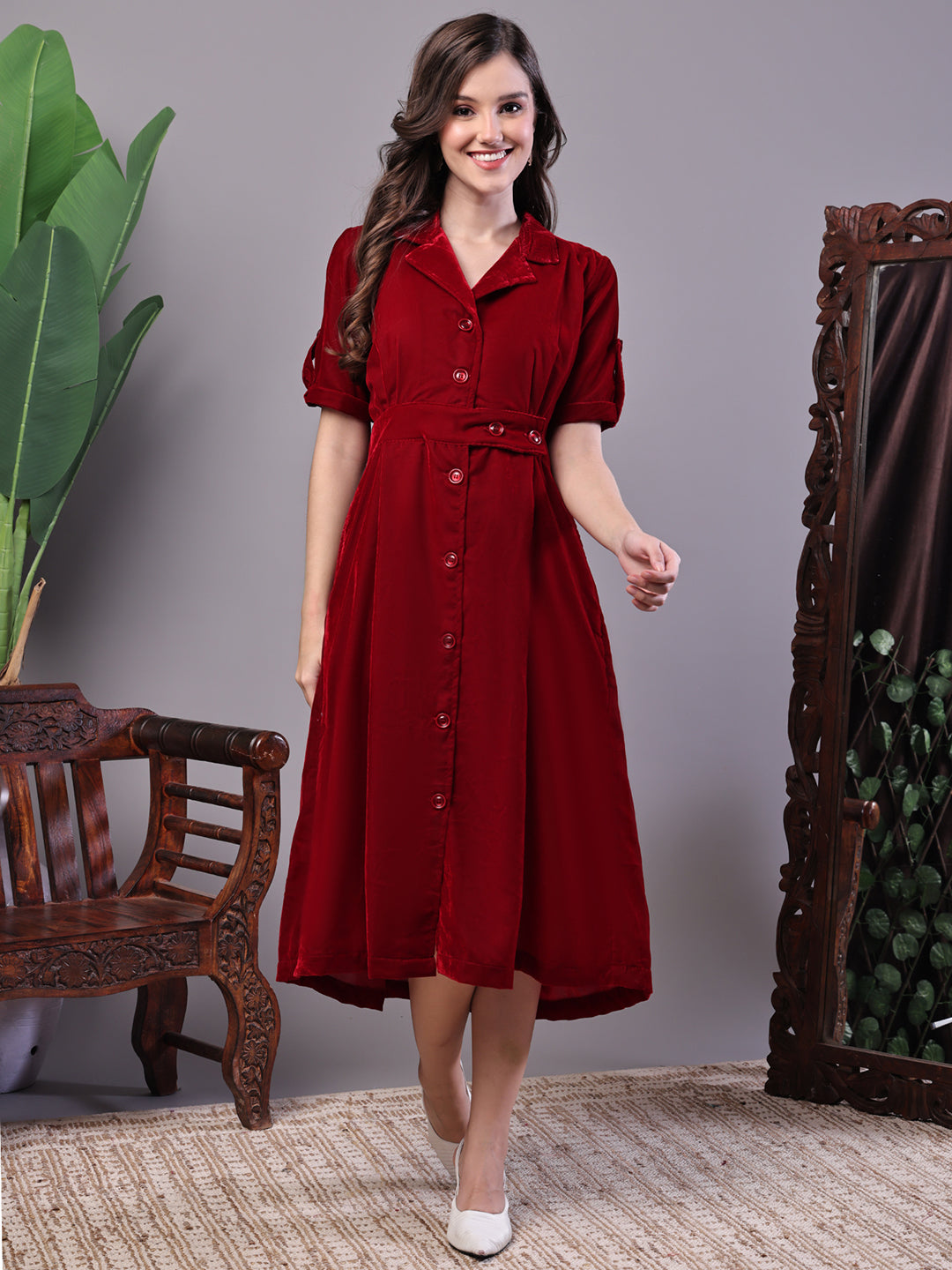 Aawari Maroon Velvet Shirt Style Midi Dress with Belt - Midi Dresses / Western Wear / Dresses