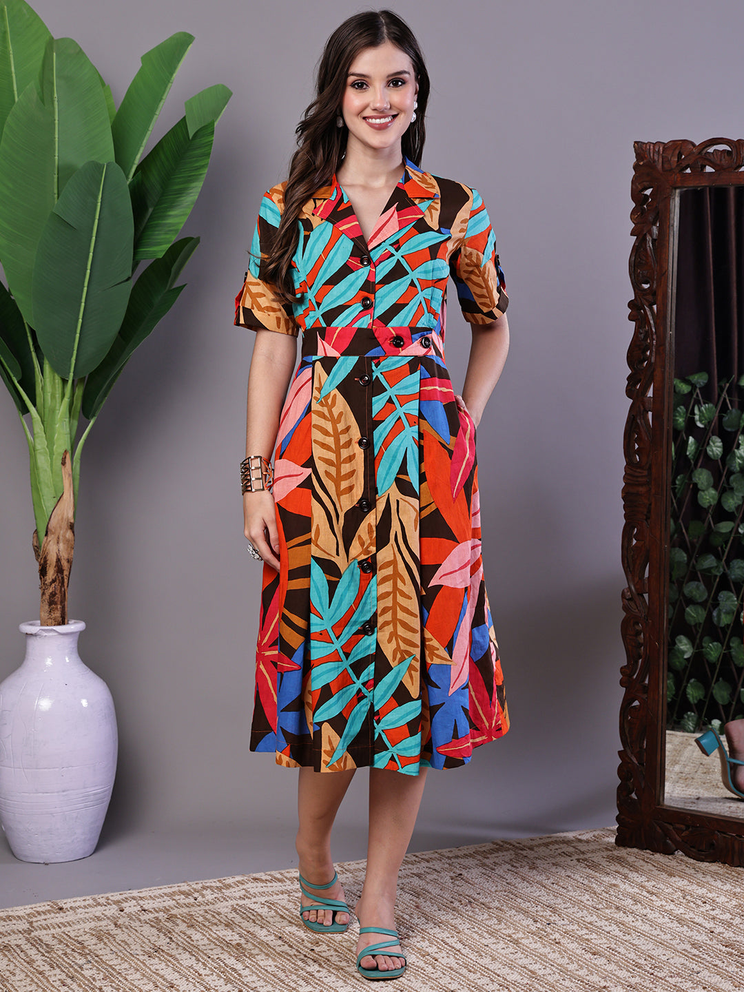 Aawari Leaf Print Button-Down Cotton Midi Dress - Midi Dresses / Western Wear / Dresses