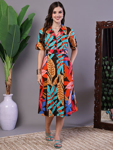Aawari Leaf Print Button-Down Cotton Midi Dress - Midi Dresses / Western Wear / Dresses
