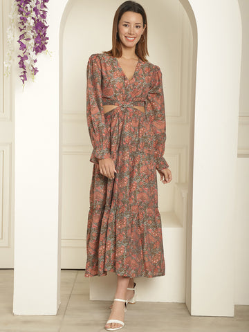 Aawari Floral Print Waist Cut-Out Maxi Dresses / Western Wear