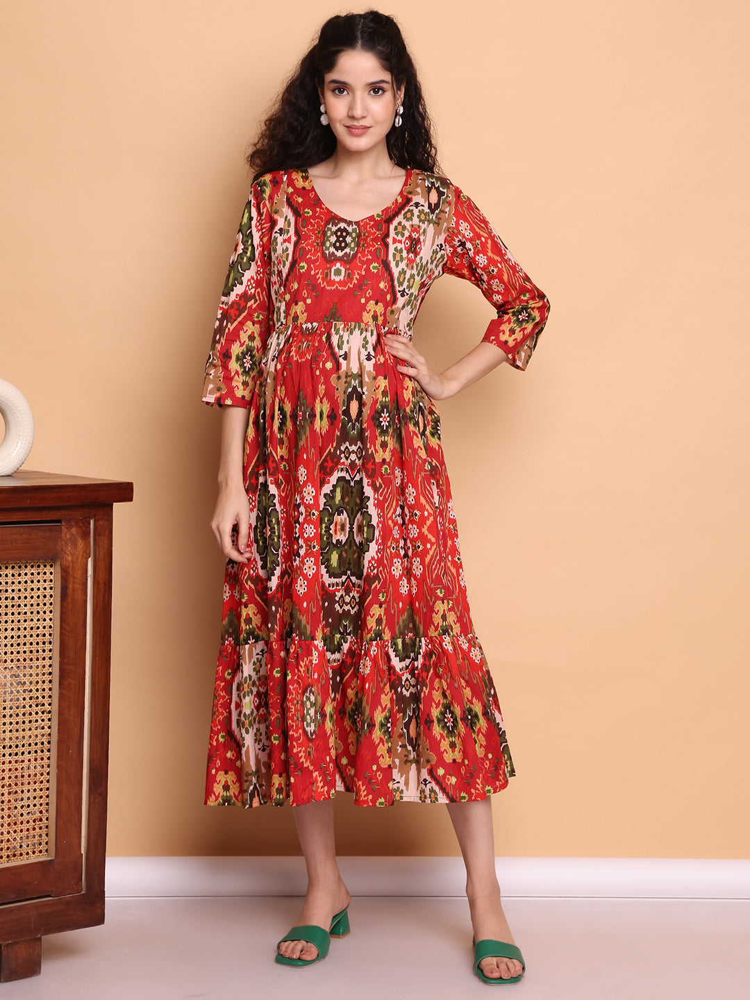 Aawari Red Ikat Printed Cotton Maternity Dresses with 3/4 Sleeves