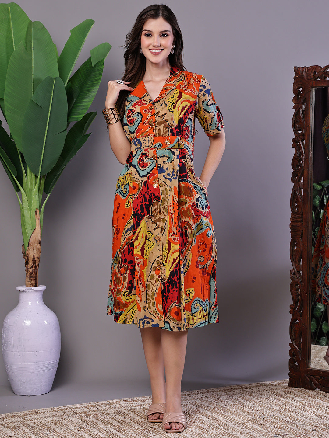 Aawari Bohemian Chic Multi-Color Paisley Print Cotton Collared Midi Dress  - Midi Dresses / Western Wear / Dresses