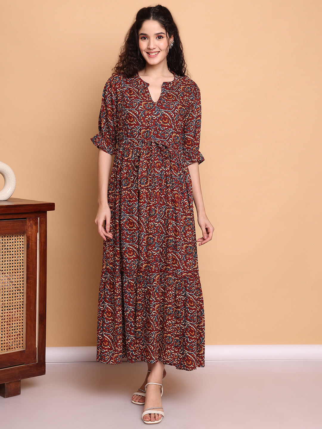Aawari Boho Printed Maxi Dresses with Half Sleeves and Drawstring Waist / Dresses / Western Wear