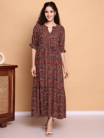 Aawari Women’s Rayon Maroon Paisley Printed Maxi Dresses with 3/4 Ruffle Sleeves