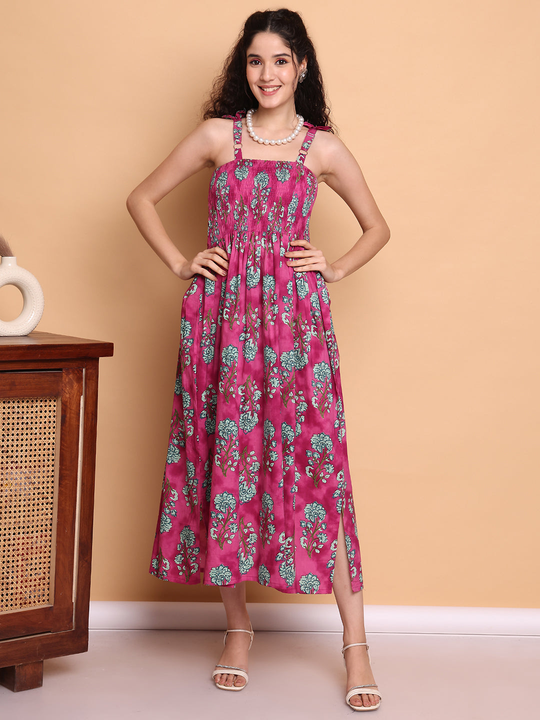 Aawari Vibrant Pink & Green Floral Printed Cotton Bobbin dress with Tie-Up Straps - Western Wear
