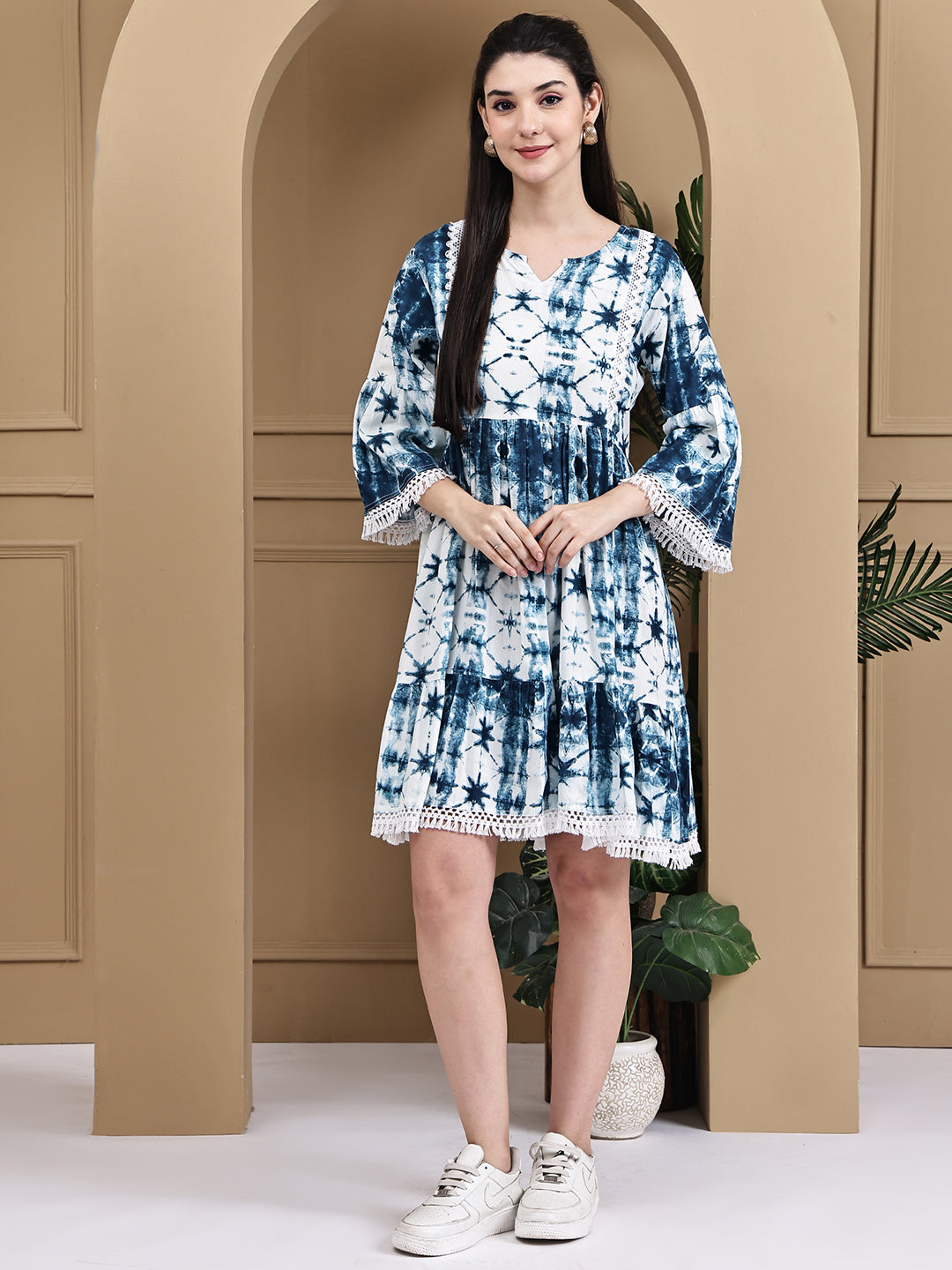 Aawari Rayon Tie & Dye Dark Blue Short Dress - Midi Dresses / Western Wear