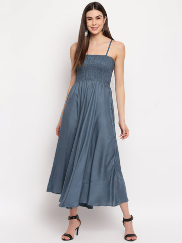 Dusty Blue Solid Rayon Flared Maxi Dress with Smocked Bodice & Spaghetti Straps - Western Wear