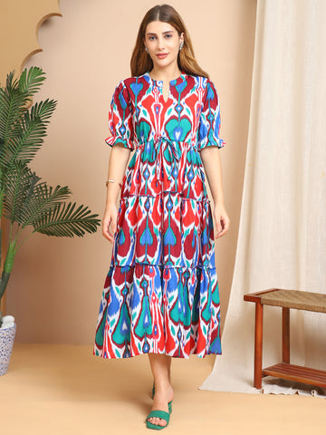 Aawari Boho Ikat Print Cotton Dresses with Puff Sleeves / Maxi Dresses / Western Wear