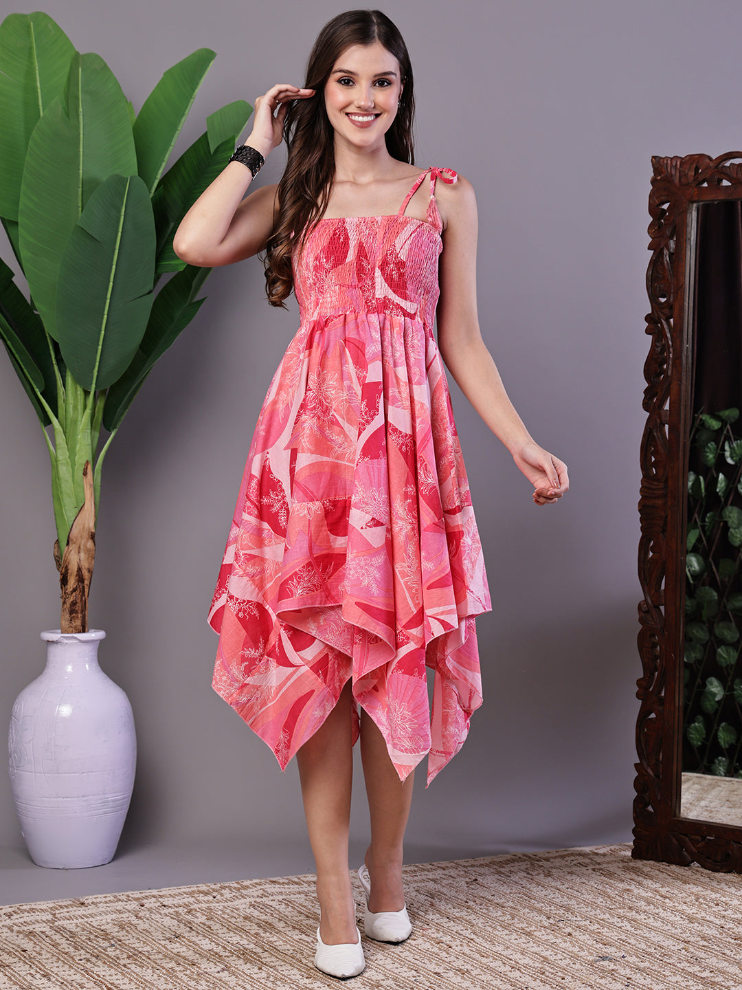 Aawari Pink Printed Cotton Handkerchief Hem Midi Dress Midi Dresses
