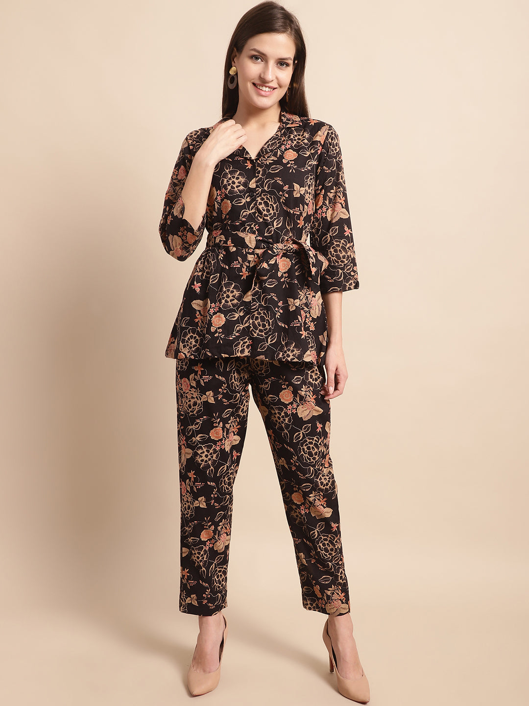Aawari Women's Black & Beige Floral Printed Cotton Wrap-Style Co-ord Set - Co-ord Sets / Western Wear