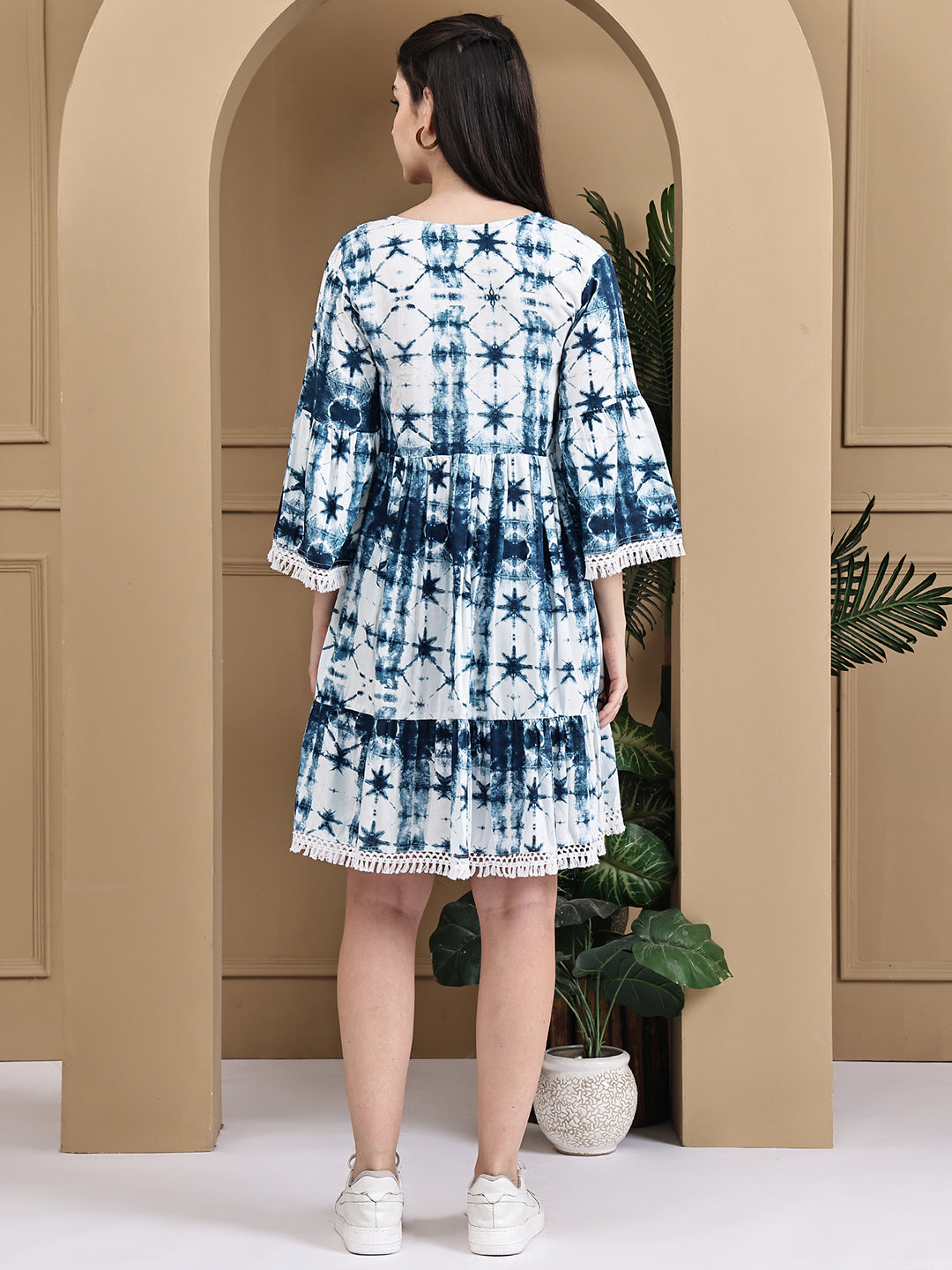 Aawari Rayon Tie & Dye Dark Blue Short Dress - Midi Dresses / Western Wear