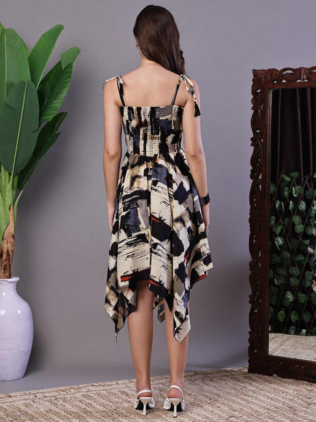 Aawari Abstract Print Smocked Asymmetrical Hem Dress - Midi Dresses / Western Wear