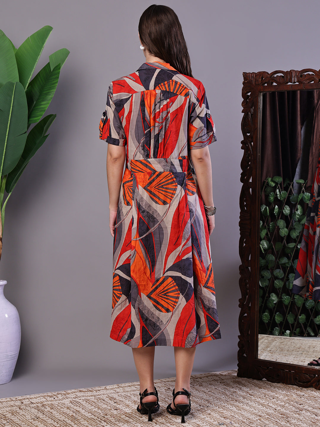 Aawari Multicolor Printed Cotton Shirt Collar Midi Dress - Midi Dresses / Western Wear / Dresses