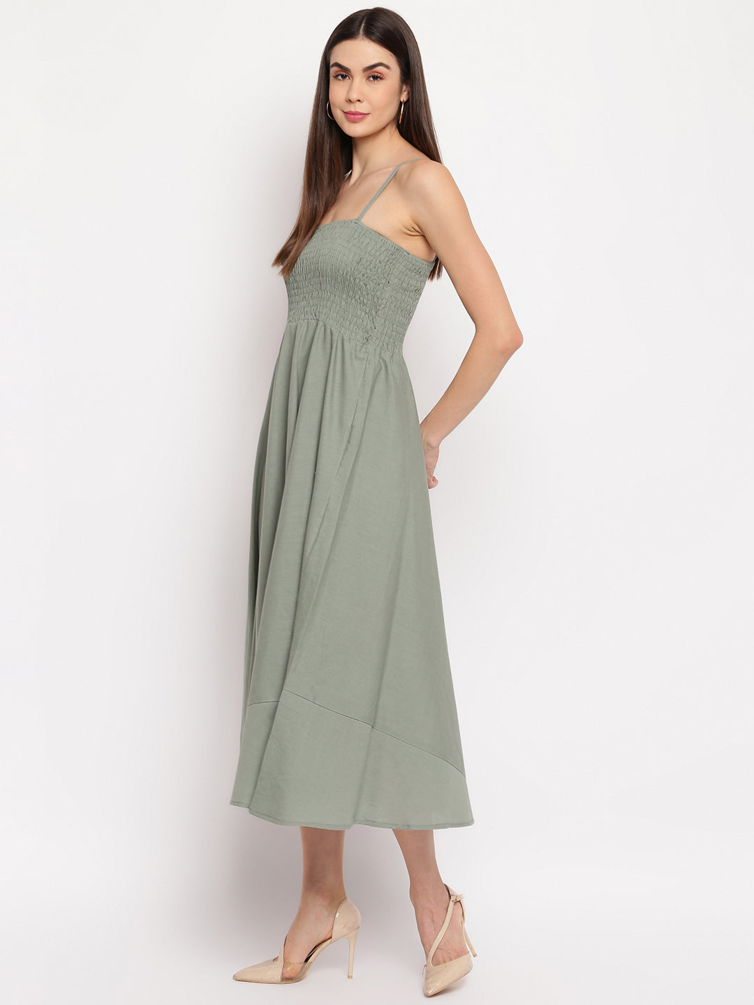 Dusty Olive Green Smocked Flared Rayon Maxi Dress for Women -  Western Wear