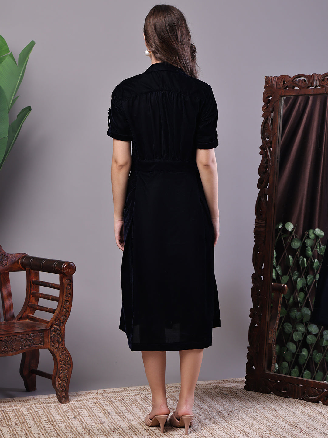 Aawari Black Velvet Button-down Midi Dress for Women - Midi Dresses / Western Wear / Dresses